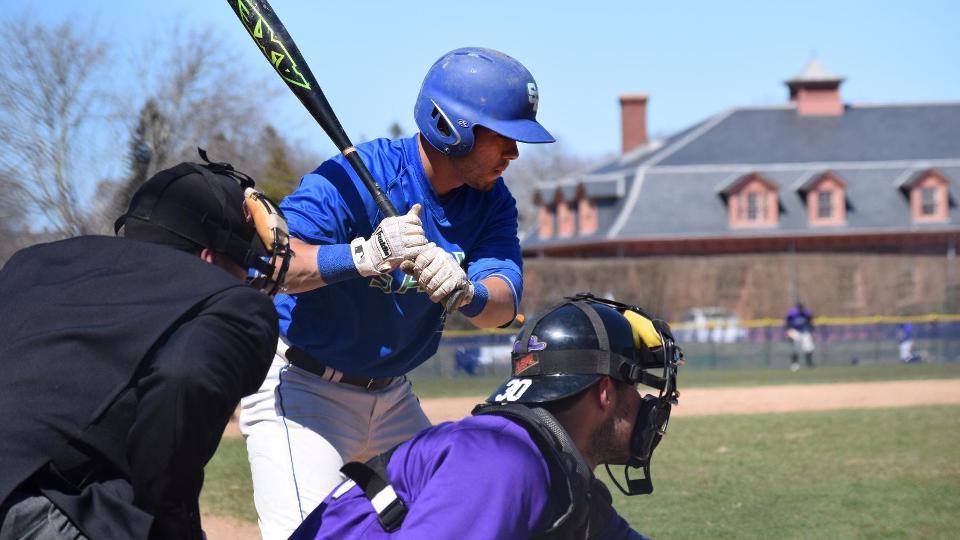 Seahawk catcher Christian Vargas (at the plate against Curry on April 10) hit his first career triple to drive in a run against the Colonels in Sunday's elimination game. (Photo by Ed Habershaw)