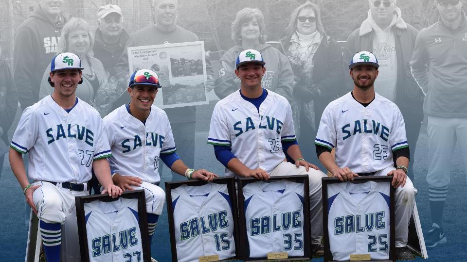 Seahawk seniors in color in front (l-r): pitcher Mike Schuermann, outfielder Ryan Kelly, pitcher John McDermott, pitcher Alex Croce. (Photo by Ed Habershaw)
