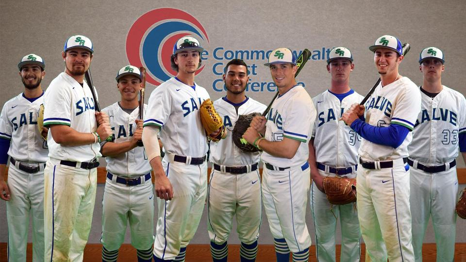 Nine Seahawks earn All-CCC baseball honors: first team in front (l-r) are Tristan Dacey, Zack Smith, Ryan Kelly, and Alex Perry; third team in back (l-r) are Colton Eremian, John Militano, Christian Vargas, Sean Healy, and Cory Poplawski.
