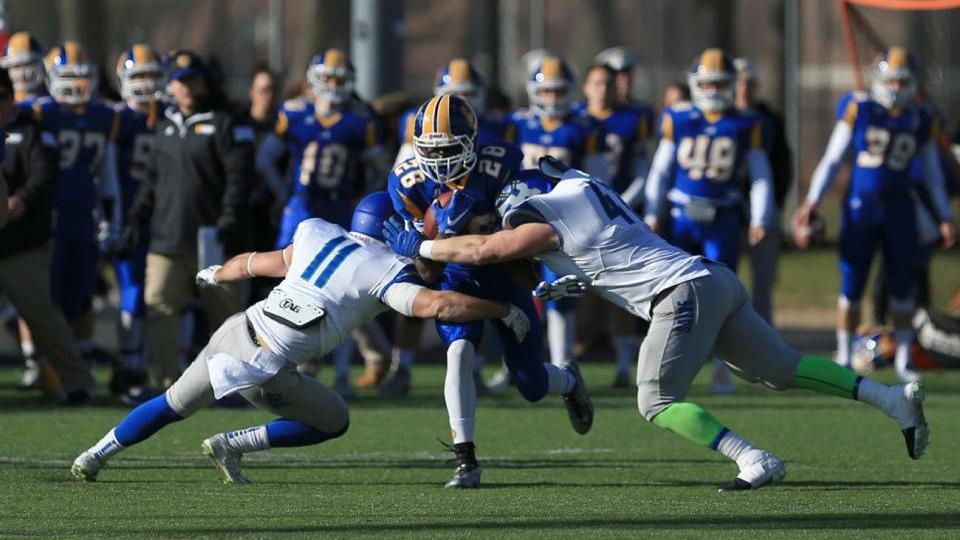 Joey Farrar (#11) and Ethan Gambale (#47) wrap up Mohammed Camara. Farrar finished with two interceptions for Salve Regina while Gambale led all players with 15 tackles. (Photo by Doug Steinbock, MassLive.com)
