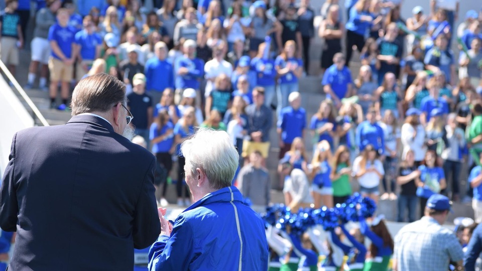 City of Newport mayor, Harry Winthrop, and Salve Regina University president, Sister Jane Gerety, at ceremonies for the dedication of the newly-turfed Toppa Field at Freebody Park (Sept. 9, 2017).