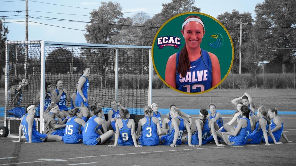 Salve Regina's Abigail Tepper (inset and standing) had a standout 2014 season for the Seahawk field hockey team, setting school records for goals (19) and points (47) while tying her former teammate, Lisa Bucci, for assists (nine) in a single season. (Photo by Brooke Scoca)