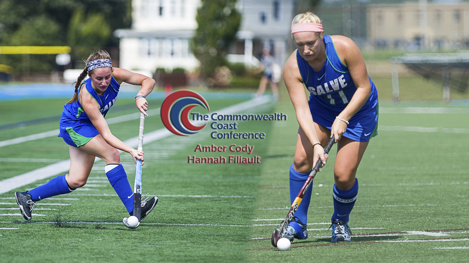 Amber Cody (right in image) earned the Commonwealth Coast Conference (CCC) Offensive Player of the Year award for field hockey; Hannah Filiault joins the senior on the all-conference team.
