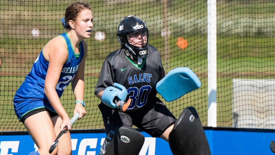 Seahawk seniors Emma Gaudio and Ally Daly led Salve Regina field hockey to its first shutout of 2018, and the timing could not have been better than first round action of the Commonwealth Coast Conference (CCC) Championships. (Photo by Dave Hansen)