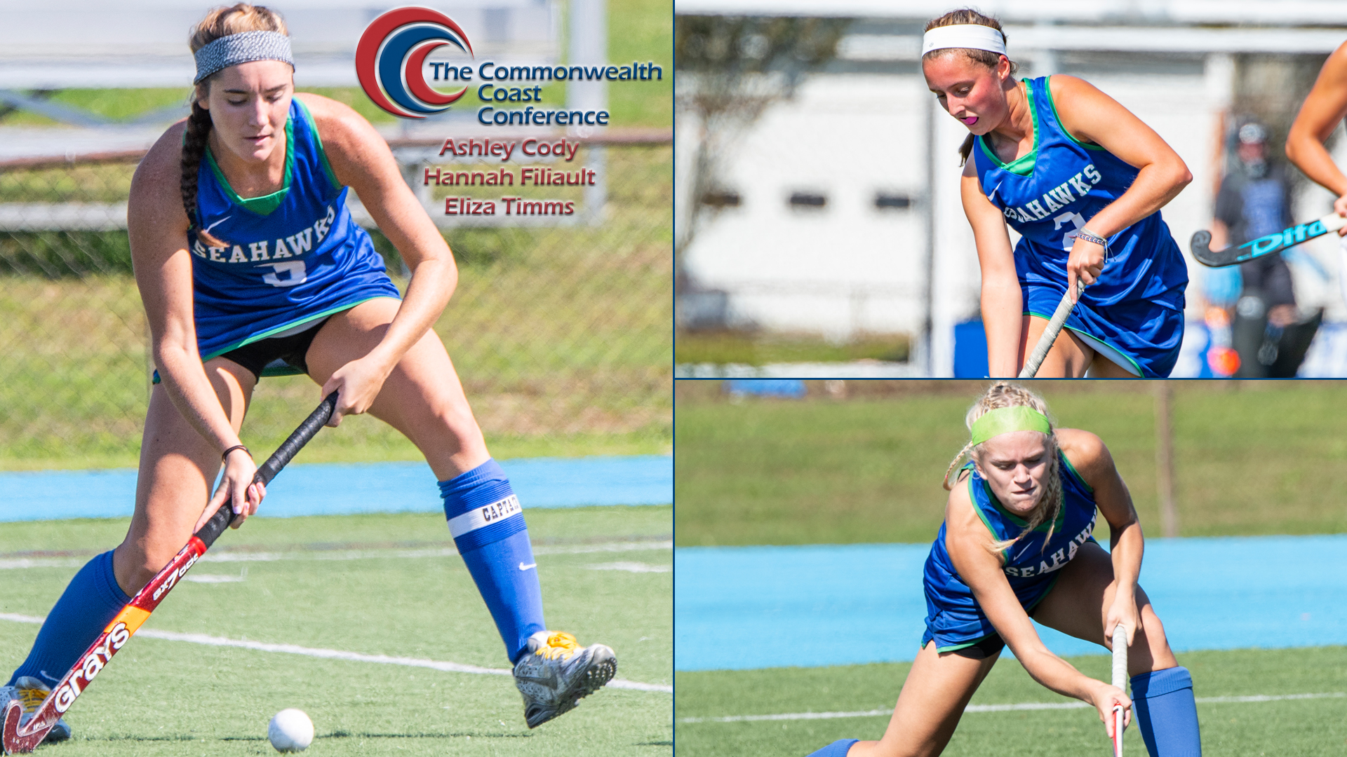 Ashley Cody (left) claims Offensive Player of the Year honors; Hannah Filiault (top right) and Eliza Timms join junior forward on All-CCC field hockey teams.