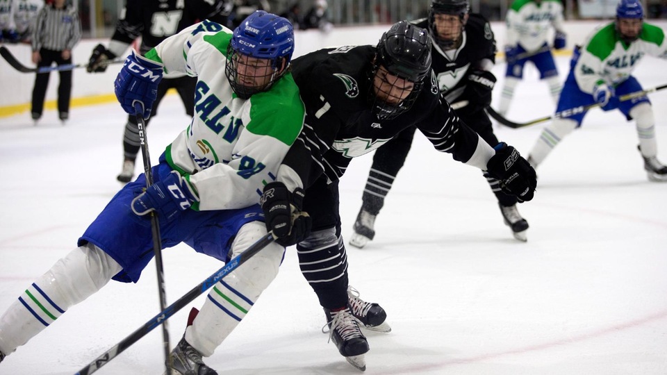 The Seahawks scored three goals in six minutes of the third period, but fall 5-4 to Nichols College.