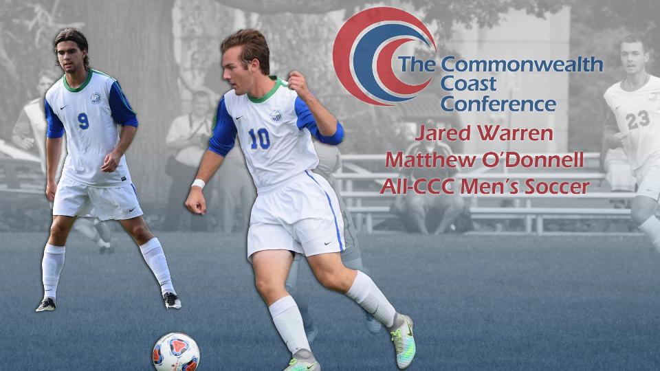 Jared Warren (#9) and Matthew O'Donnell (#10) represent Salve Regina men's soccer on the all-conference team.