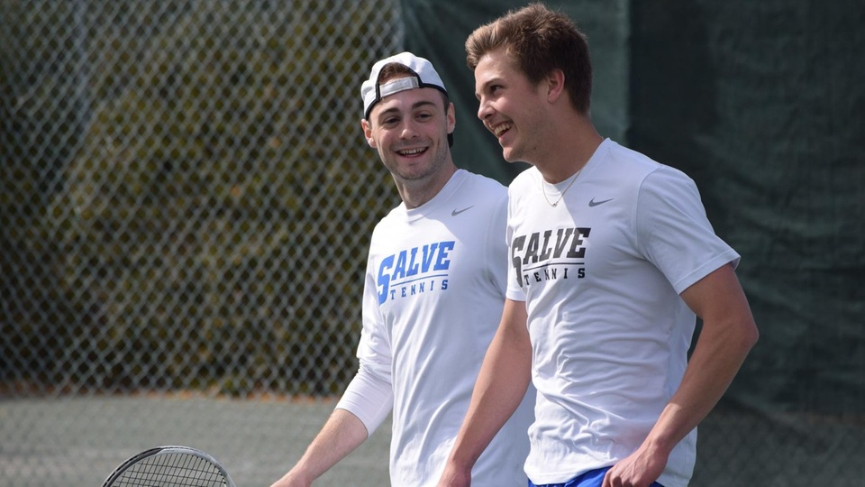 Kevin Brocks (left) and Will Masse play their final collegiate match as doubles partners. (Photo by Ed Habershaw)