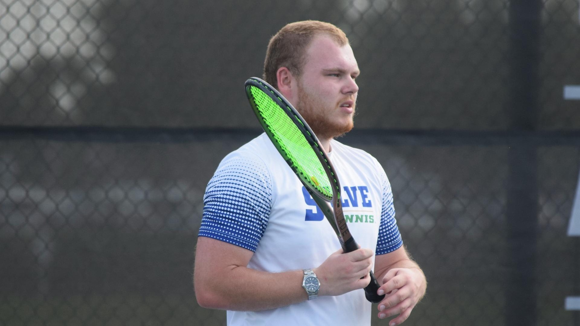 Samuel Middleton won his match at second singles in straight sets for the only Seahawk point. (Photo by Ed Habershaw '03M)