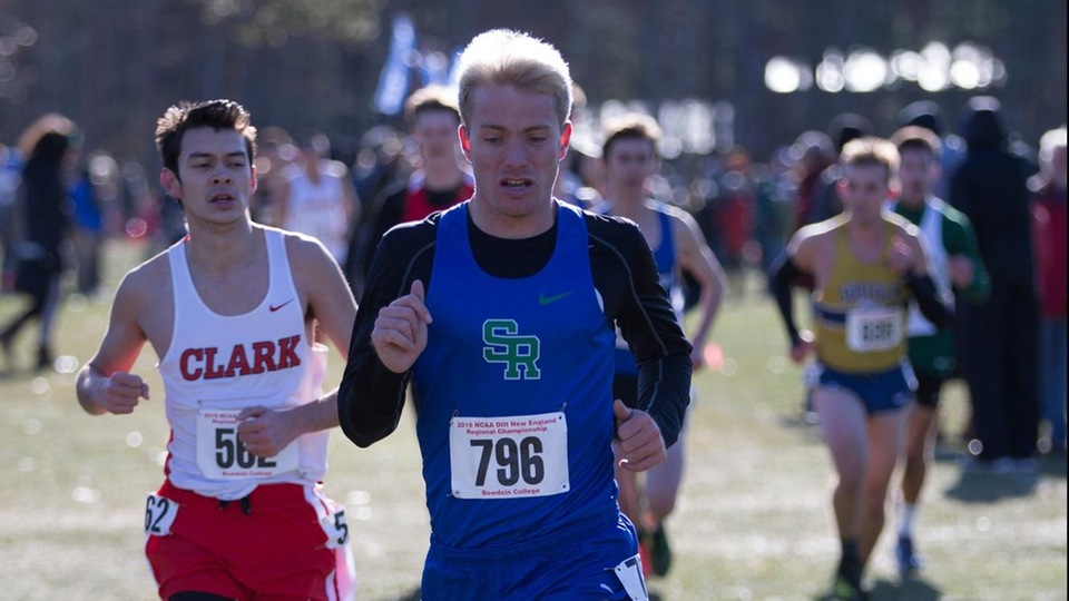 Aidan Lynch again led the way for Salve Regina as the junior captain split the first mile in 5:35 while he navigated the frozen footing on the grass and trails at Bowdoin. (Photo by Jen McGuinness)