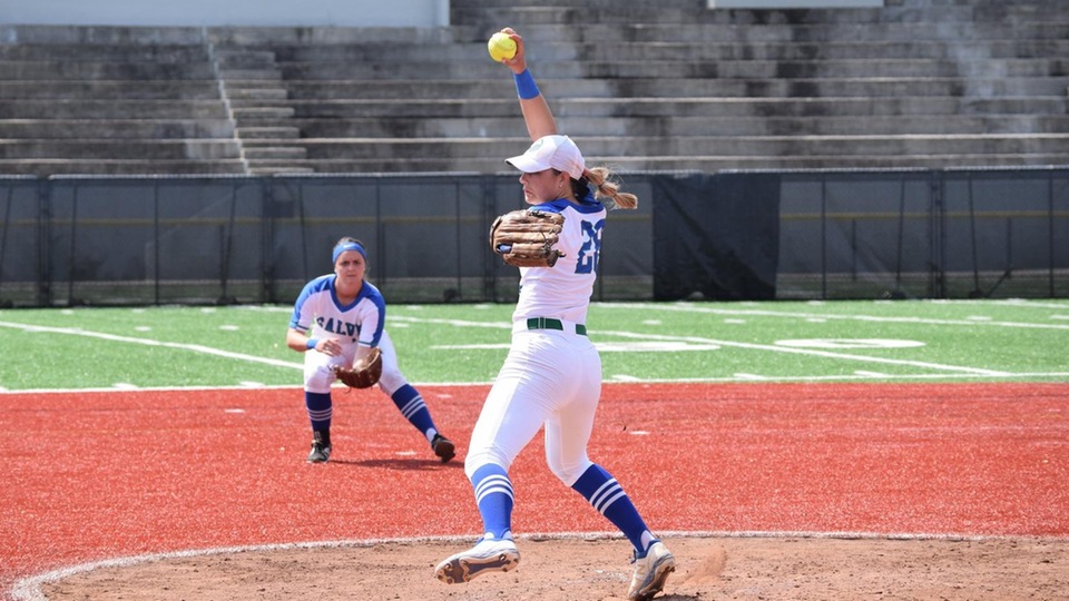 Salve Regina sophomore pitcher Andi Nelson recorded her fifth shutout of the season, and fourth time by a 1-0 score for the Seahawks; shortstop Amanda Riley (also in picture) collected two hits in the opener against MIT. (Photo by Sarah DeWolfe)