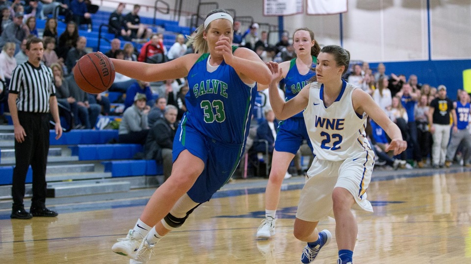 Tara Burke (pictured) and Torie Scorpio both scored 12 points to lead Salve Regina; Kerri Beland had 11 points and a team-high eight rebounds. (Photo by Rob McGuinness)