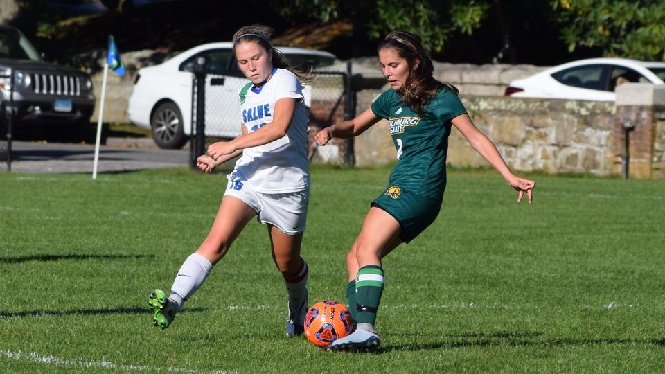 Courtney Bouchard (left) scored her first two goals of 2017 in a 7-0 win against Fitchburg State on Sept. 28. (Photo by Andrew Pezzelli)