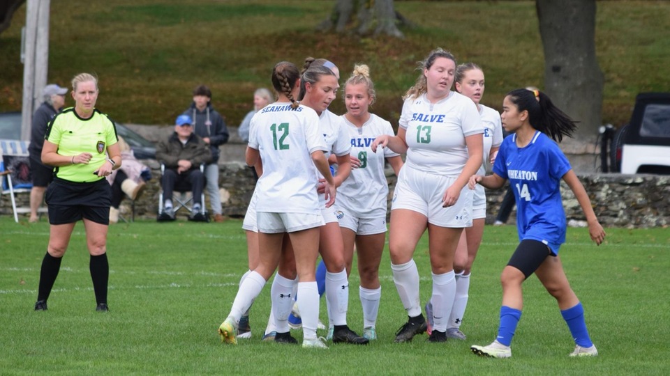 Seahawks celebrate the game's only goal, by Hannah Daniewicz (#9), in the ninth minute. (Photo by Ed Habershaw '03M)