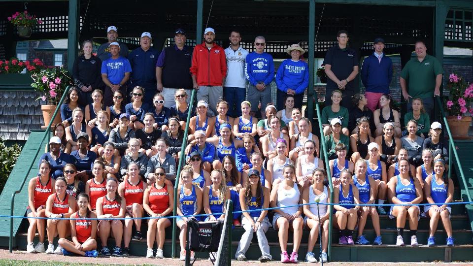 Players and coaches from all seven schools in the 2016 Grass Court Doubles Championships hosted by Salve Regina University at the International Tennis Hall of Fame. (Photo by Ed Habershaw)
