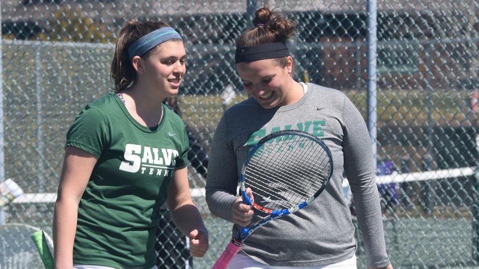 Emma Gruber (left) and Taylor Amendola paired for the first time as seniors at No. 1 doubles. (Photo by Erica Bonnette-Lykens)