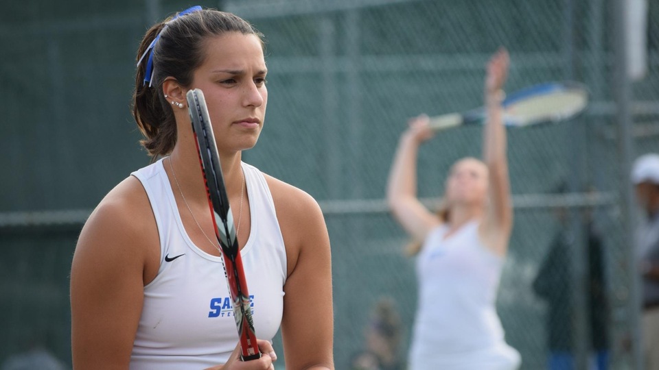 Erin Stangel (foreground) and Anna Godshalk provided a key doubles point for the Seahawks against the Golden Bears; Stangel also won at fifth singles. (Photo by Ed Habershaw)
