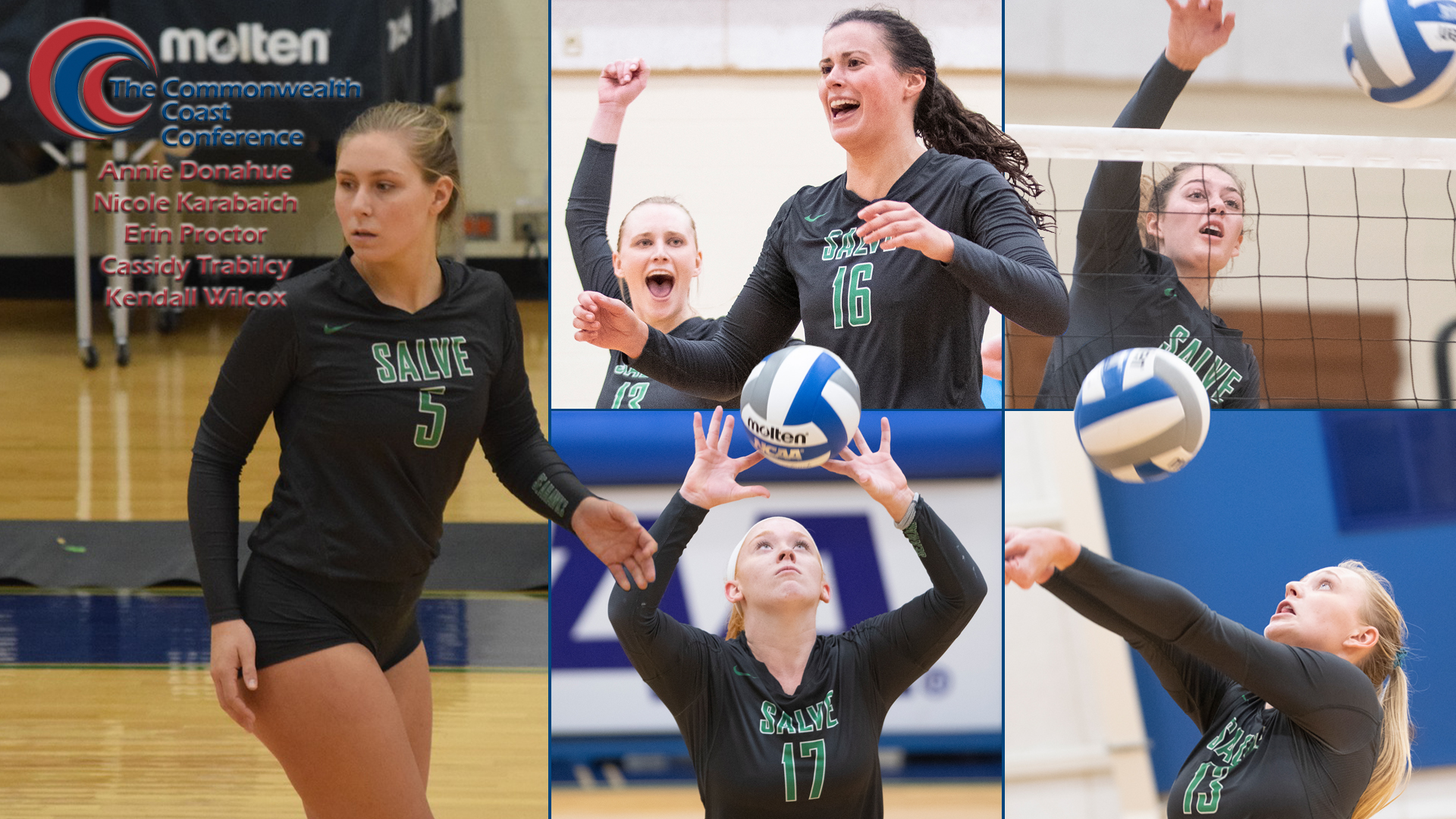 Kendall Wilcox (left) was named Senior Scholar Athlete while Nicole Karabaich, Cassidy Trabilcy, Erin Proctor, and Annie Donahue (clockwise from top right) were all named to the All-CCC squad.