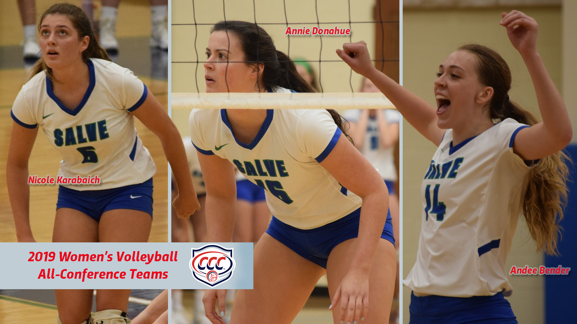 Nicole Karabaich, Annie Donahue, and Andee Bender (l-r) earned All-CCC honors.