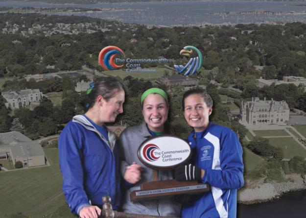 Seahawk seniors - Taylor Rosendale, Caroline Gildea, Caroline Norton - display the hardware they earned when Salve Regina captured the 2011 Commonwealth Coast Conference (CCC) Women's Cross Country Championships. Norton finished first overall and was tabbed runner of the year. Salve Regina also earned the conference's sportsmanship award and helped first-year head coach David Kraszewski collect co-coach of the year honors.