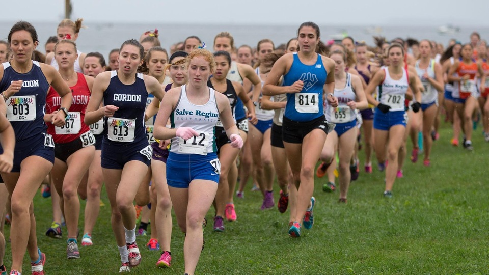 Early in the race overlooking Long Island Sound, Olivia Owen in position with fellow CCC runners from Gordon College at Harkness Memorial State Park in Waterford, Conn. (Photo by Jen McGuinness)