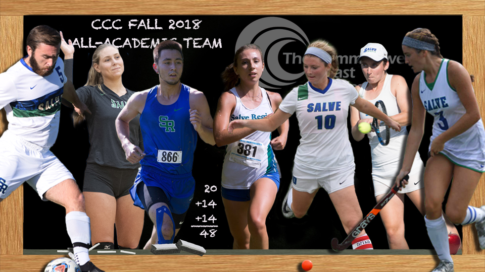 Seahawks on the Fall Academic All-Conference Team representing seven sports (l to r) - Jordan Elster (soccer), Kendall Wilcox (volleyball), Dan Donnelly (cross country), Alex Demeo (cross country), Abby McMackin (soccer), Abigail Burke (tennis), Ashley Cody (field hockey).