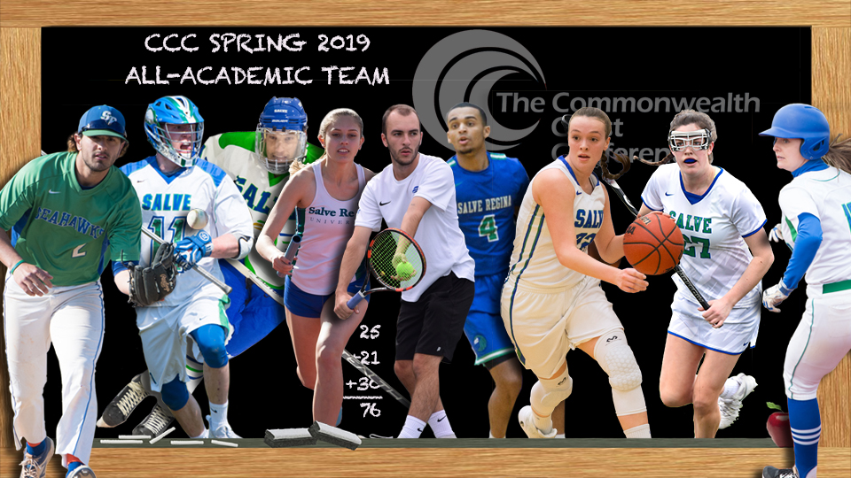 76 Seahawks on the CCC All-Academic Team from nine sports (l to r) - Colton Eremian (baseball), Mike Mongelli (lacrosse), Evan Schmidbauer (ice hockey), Madison Stanley (track and field), D.J. Bisaillon (tennis), Tyler Benjamin (basketball), Kerri Beland (basketball/lacrosse), Lindsey Smith (lacrosse), Amanda Riley (softball)