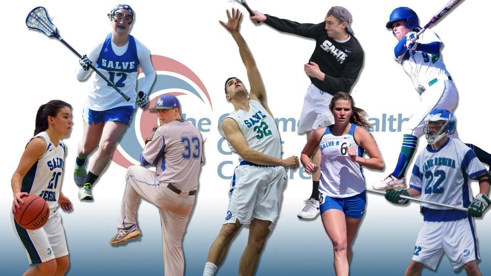 46 Seahawk athletes from eight winter/spring sports are represented on the 2014-15 CCC Winter/Spring All-Academic Team; the individuals in this composite photo own the highest grade point average on their respective teams (l-r) - Laura Anne Dinan (women's basketball), Abigail Tepper (women's lacrosse), Kyle Pheland (baseball), John King (men's basketball), Ben Campbell (men's tennis), Aubrey Palmquist (women's track and field), Kara O'Riley (softball), Paul D'Anneo (men's lacrosse).