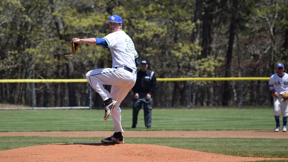 Salve Regina University senior righty Cory Poplawski pitched a complete-game four-hit shutout (5-0) to help the Seahawks advance in NCAA regional at Harwich, Mass. (Photo by Ed Habershaw)