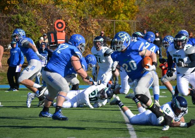 Senior RB Dan Buonocore (#20) gets loose on his second of three touchdown runs (7, 18, 3) in Salve Regina's 35-23 win against Endicott. (Photo by Brooke Scoca)