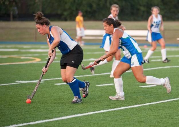 Lisa Bucci '14 (right) scored three goals to lead Salve Regina in a non-league 7-3 victory over visiting Regis.