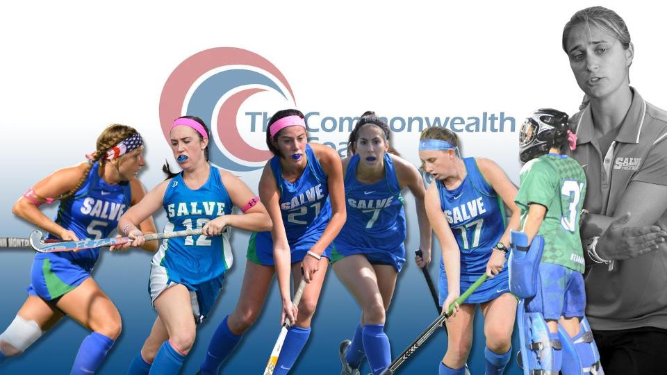 Salve Regina all-conference honorees for field hockey (left to right): Lindsey Mazzola, Abigail Tepper, Allison Gold, Marissa Gagnon, Erin Gendreau, Jessie Severino, and head coach Jennifer Foster