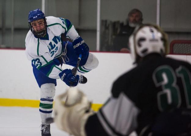 Salve Regina sophomore Marc Biggs fires home the game-winning goal in a 1-0 victory against Nichols College Monday at Portsmouth Abbey. Biggs scored the game's lone goal with 4:59 remaining in the final period. (Photo by Joe Pelletier)
