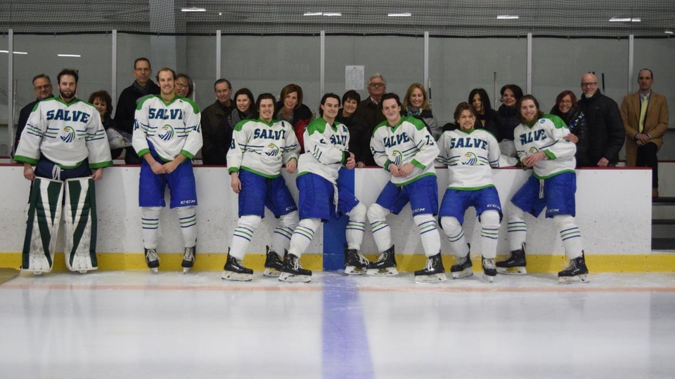 Salve Regina honored its seven seniors, Colin Clapton, Kevin Clare, Nick Cyr, Kyle Moore, Shaun Patry, Evan Schmidbauer, and Blake Wojtala before the game.