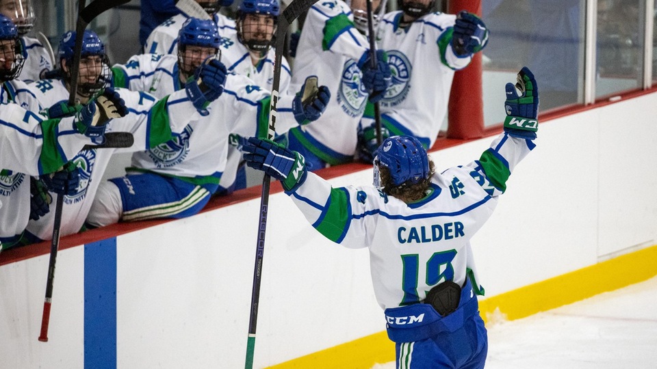Logan Calder netted his first career goal as part of a hat-trick performance for Salve Regina (Photo by George Corrigan).