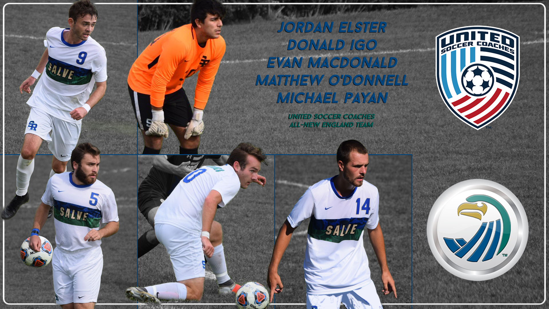 Salve Regina men’s soccer led the entire New England region with a record five (5) selections - both Donald Igo and Matthew O’Donnell were selected to the First Team. Evan MacDonald was selected to the Second Team, while both Jordan Elster and Michael Payan were selected to the Third Team.