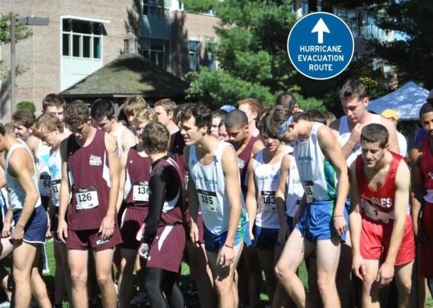 Seahawk men's cross country (shown here during pre-race at last year's Pop Crowell Invitational) will now check-in at noon on Wednesday, August 31 for pre-season due to Hurricane Irene.