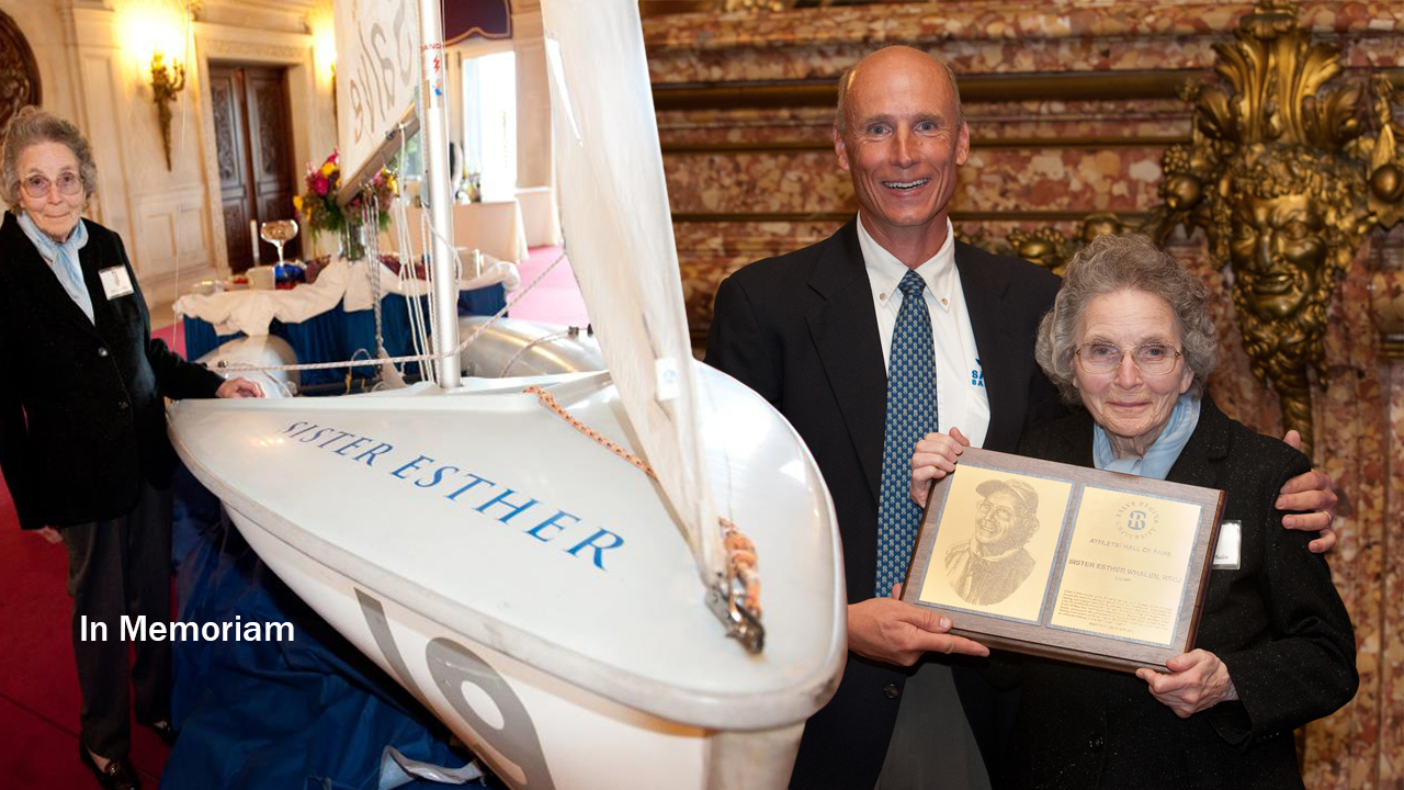 Sister Esther Whalen with head coach John Ingalls in September 2011 when she was inducted into the Salve Regina Athletics Hall of Fame.