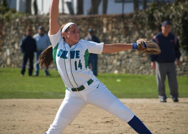 Nicole Parry earned her ninth win of the season with a 6-1 triumph over MIT in Game One of non-league doubleheader.