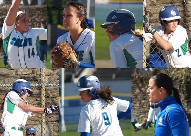Clockwise (top to bottom): first team all-CCC pitcher Nicole Parry, second team all-CCC second base Jenna Edine, first team outfield Sara Nelson, honorable mention outfield Lexi Soucie, CCC Coach of the Year Jessica DePolito, honorable mention third base Kara O'Riley, and second team designated player Nikki Bukovsky.