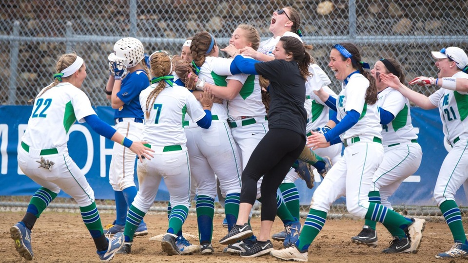 Thrill of victory for the Seahawk softball team following a 3-0 triumph in the Commonwealth Coast Conference (CCC) title match with the Hawks; it's the second straight league championship for Salve Regina and a return trip to the NCAA Division III Softball Championships. (Photo by Andrea Hansen)