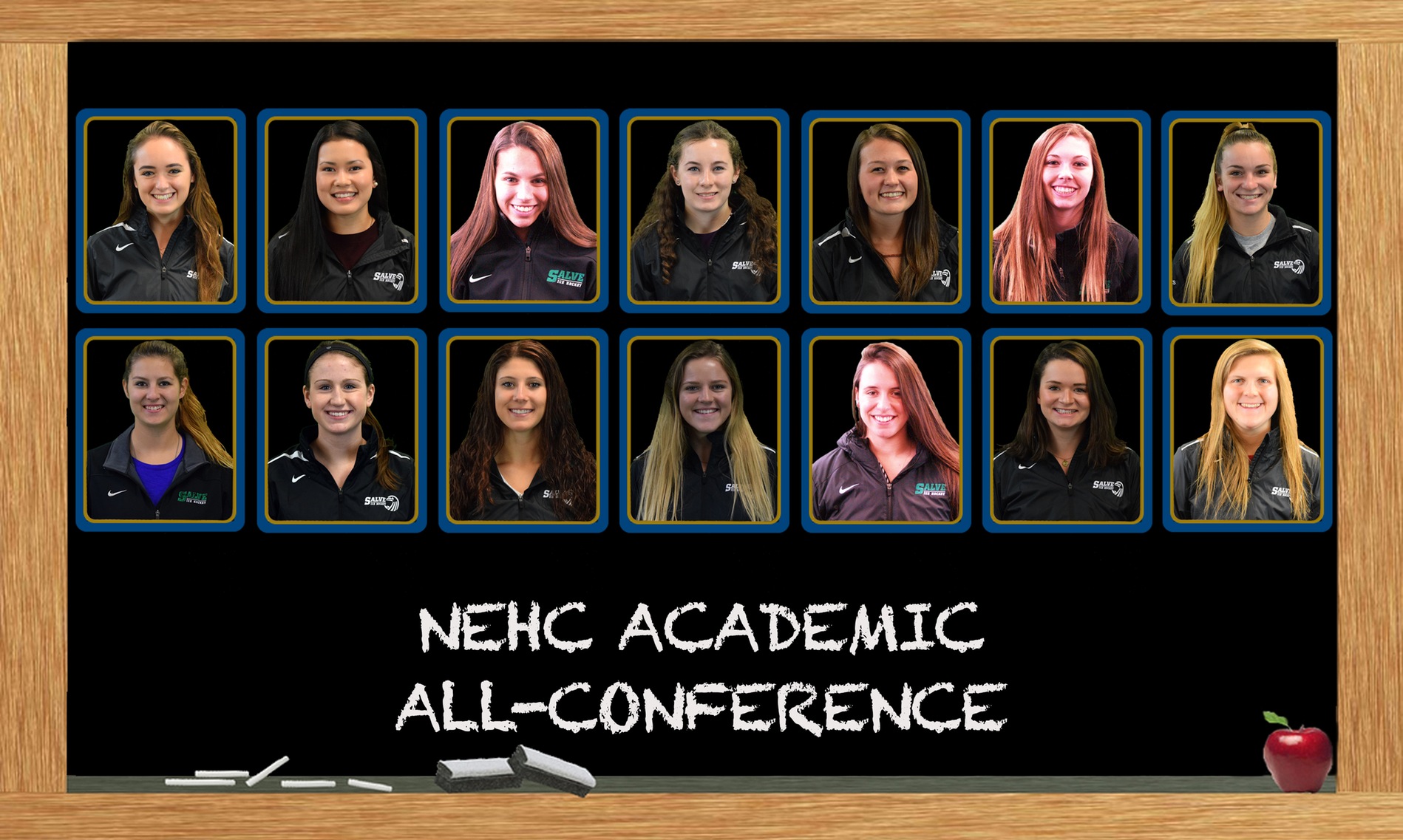 14 members of the Salve Regina women's ice hockey team were named to the NEHC Academic All-Conference team.