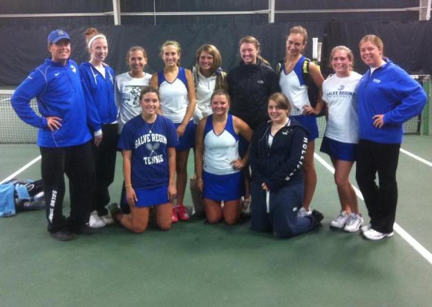 Salve Regina finished its fall season with a 5-1 loss against top-seeded Nichols in the CCC semifinals at Pomfret, Conn. The Seahawks were 6-1 in home matches this fall and 8-5 overall. Salve Regina will resume its season with indoor practice at the Newport Casino in February 2012. In photo left to right: (front) Elizabeth DiFilippo, Shannon O'Brien, Emily Walters (back) head coach Ed Habershaw, Annie Mallin, Karlee Walther, Nichol Stevens, Erica Shay, Meg Olson, Ana Gwozdz, Elizabeth Liguori, assistant coach Lissa von Brecht.
