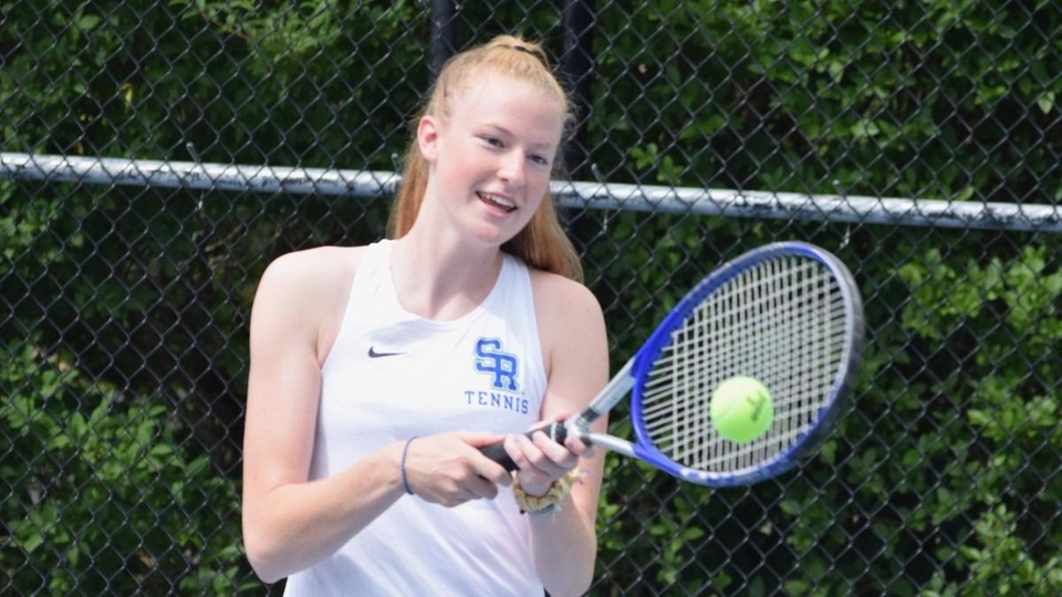 Casey Farrell came back to win at No. 3 singles in a non-league match versus Eastern Nazarene (Photo by Ed Habershaw).