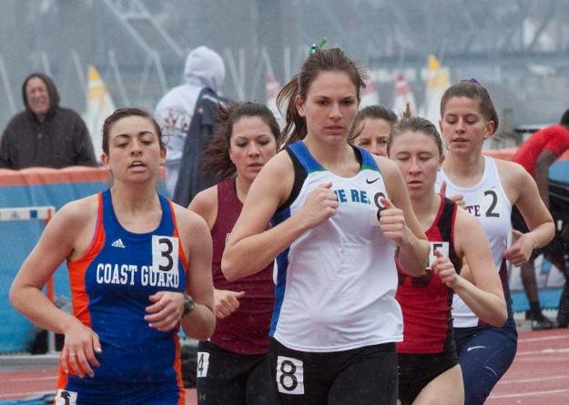Kayley Ryan ahead of the pack during the 5000 meter run at the Coast Guard Academy Invitational. (Photo by Jen McGuinness)