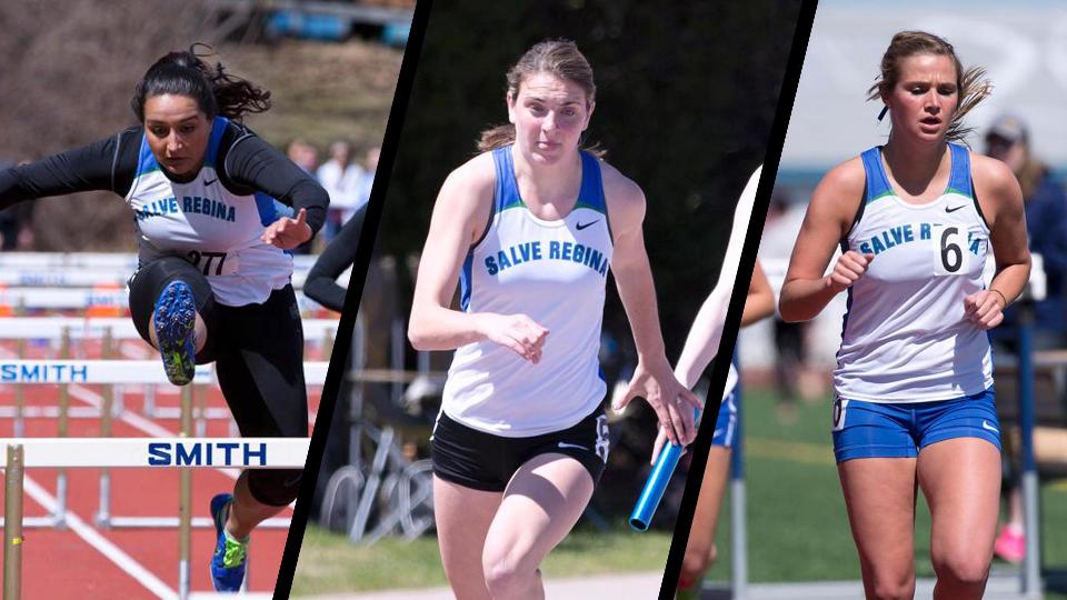 Chrissy Fraga, Erin McCarthy, and Aubrey Palmquist have been selected captains for the 2016 Salve Regina women's track and field team. (Original photos by Jen McGuinness)