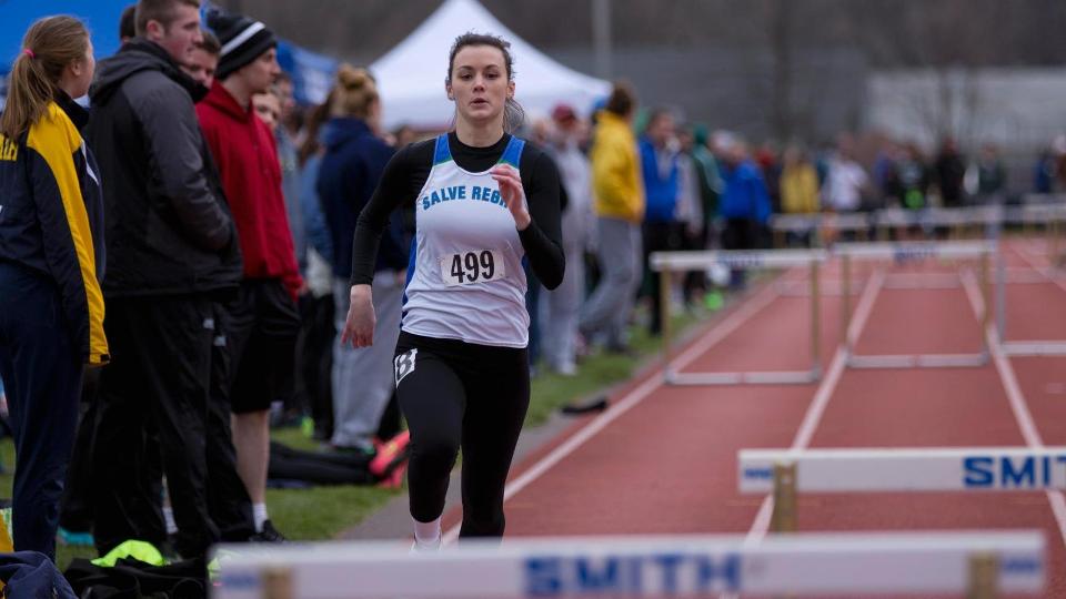 Natalie Kopiec finished third in the 400-meter hurdles and qualified for the New England championships with her time under 1:10:00. (Photo by Jen McGuinness)