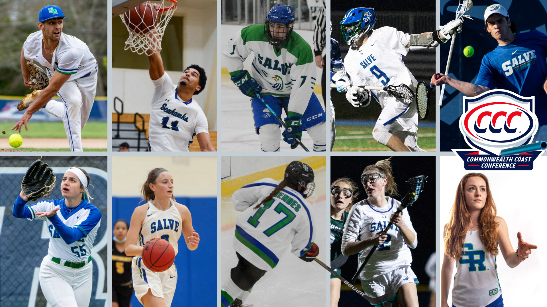 Seahawks on the Spring Academic All-Conference Team representing 10 sports (clockwise starting top left) - Dominic Perachi (baseball), Cameron Collins (basketball), Spencer Stanley (ice hockey), Pat Leary (lacrosse), Samuel Johnson (tennis), Mary Kate Scalzulli (track and field), Nicole Smith (lacrosse), Brynn Mendes (ice hockey), Morgan Shuey (basketball), Francesca Rubino (softball).