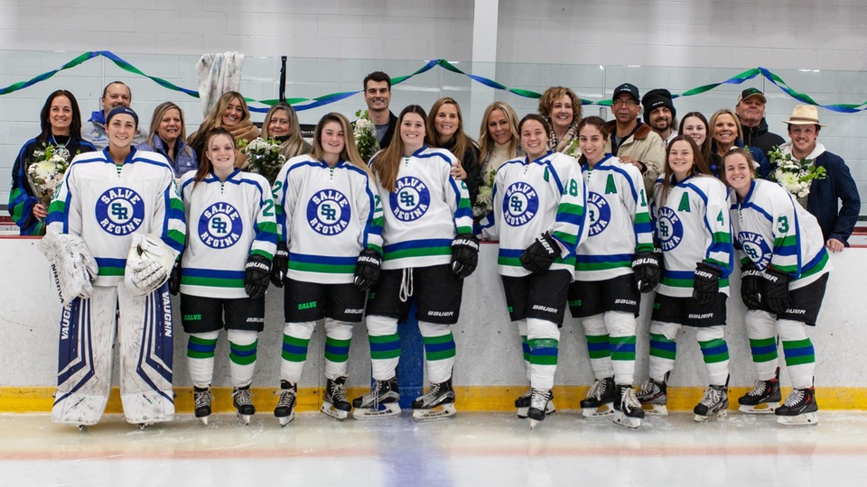 Salve Regina honored it's eight seniors before the game (Photo by George Corrigan '22).